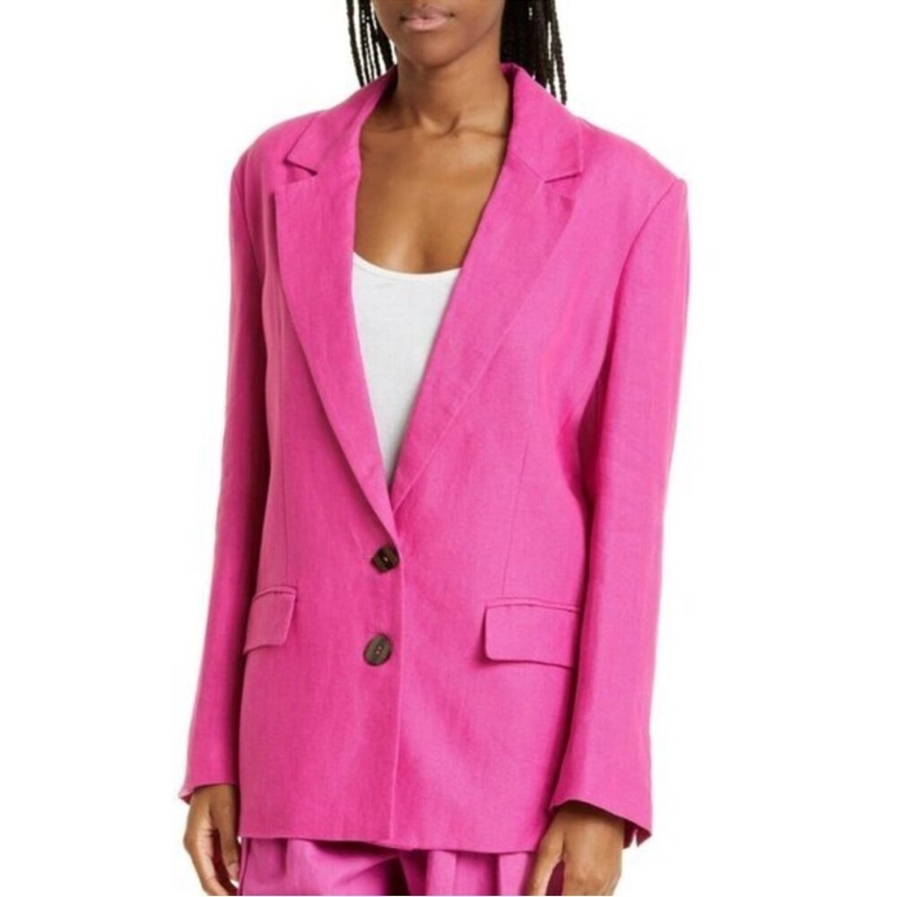 Farm Rio Linen Longline Single Breasted Button Blazer In Pink